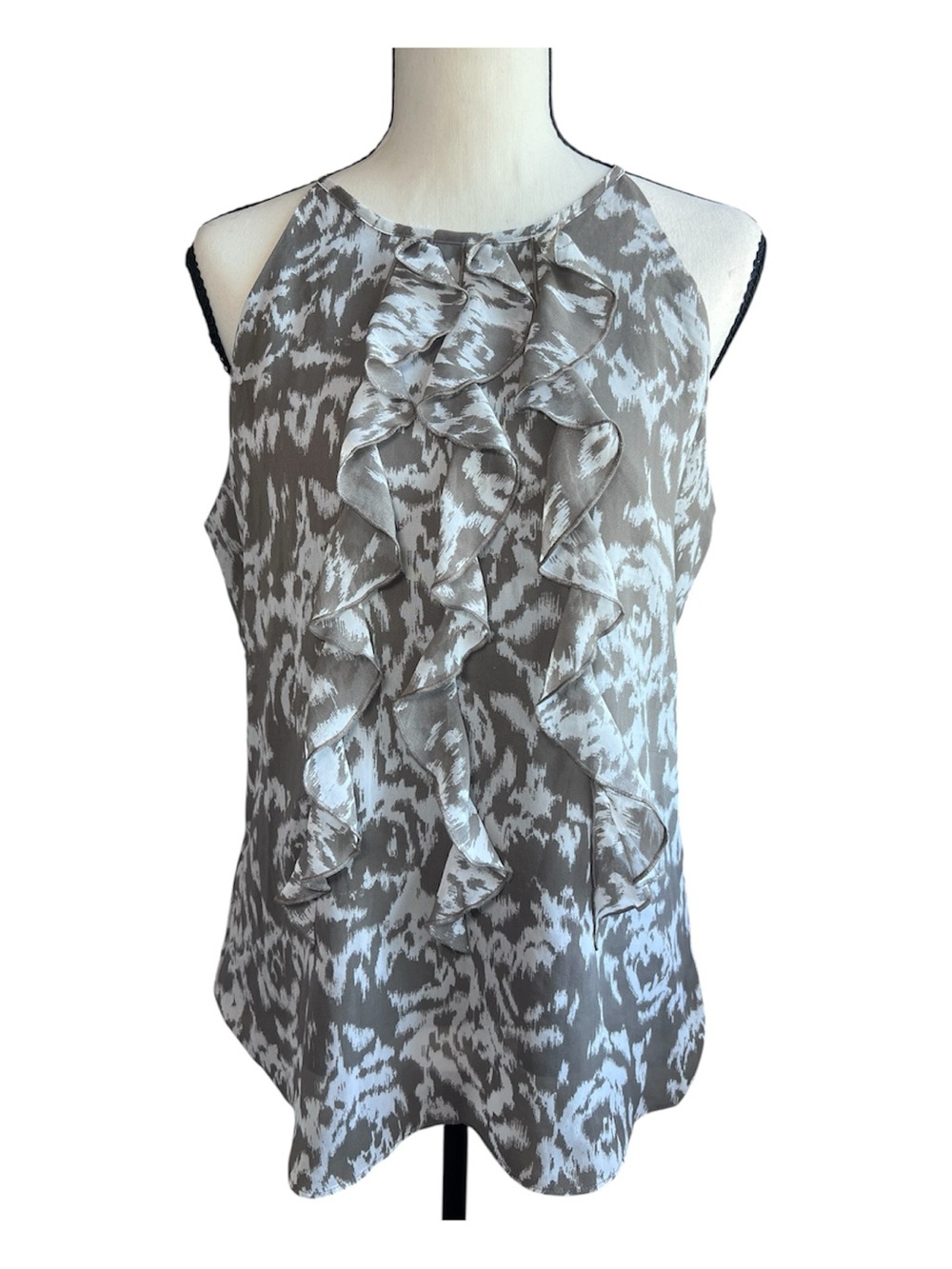 Ann Taylor Sleeveless Floral Ruffled Chiffon Taupe & Ivory Women’s Blouse